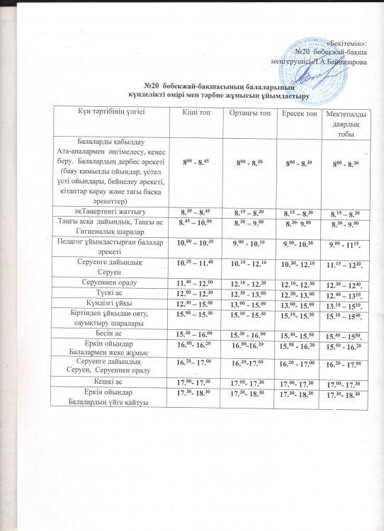 Бөбекжай бақшаның күн тәртібі